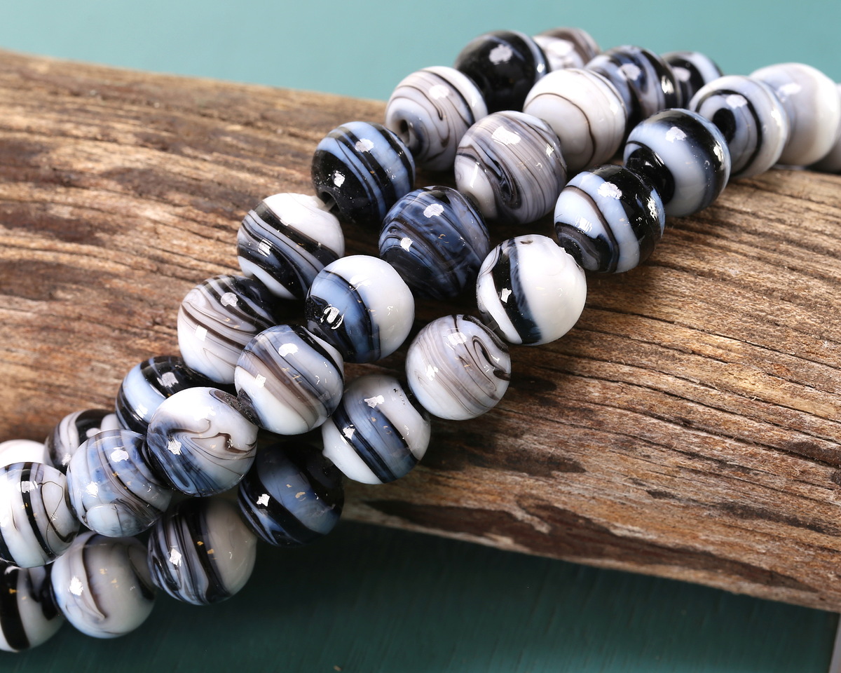 Jet & White Swirl Lampwork Glass Round 10mm