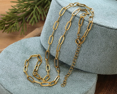 Waterproof 18K Gold PVD Plated Stainless Steel Paperclip Chain, 18" Finished w/ 2" extender, 11x4mm links