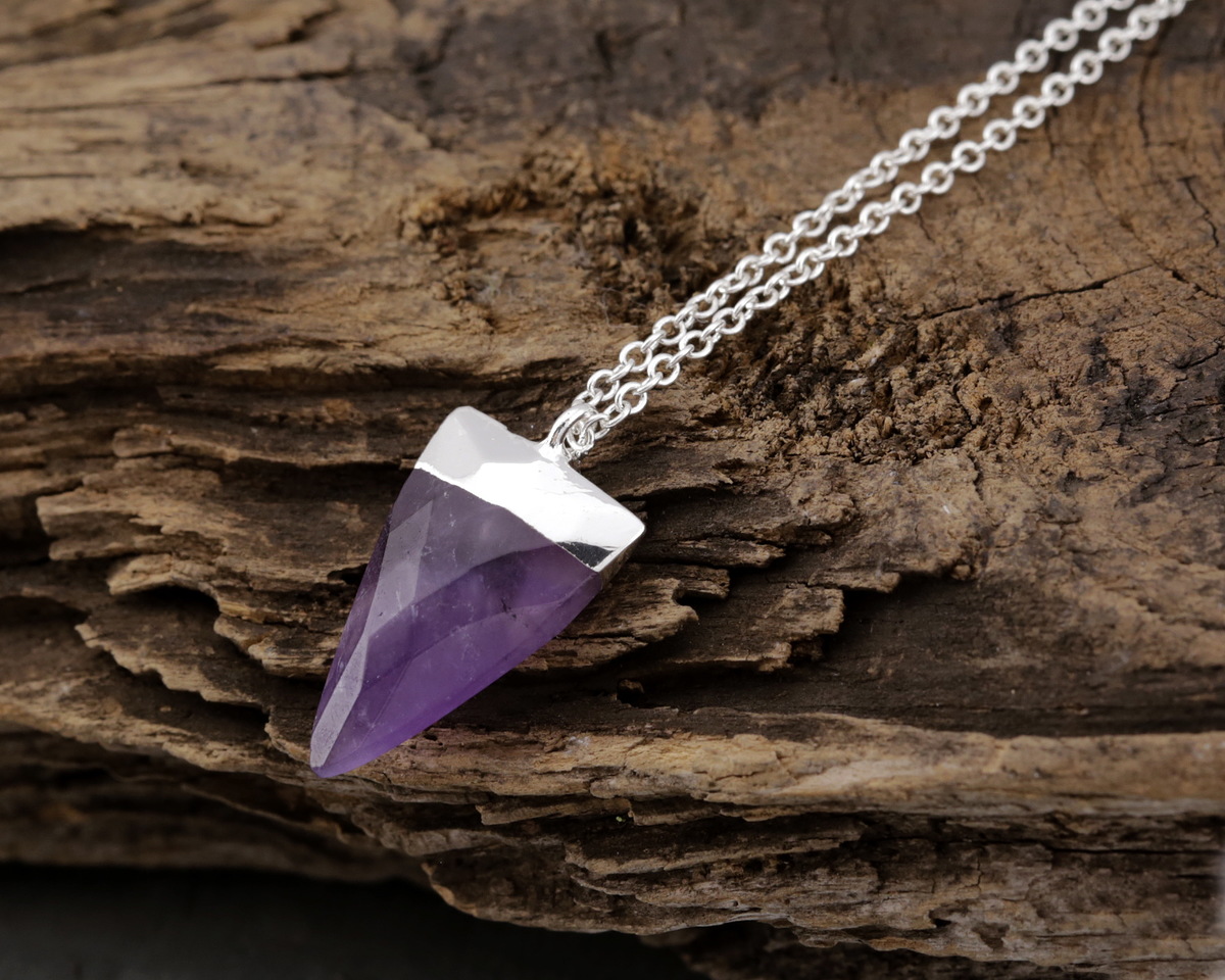 Dogtooth Amethyst Faceted Triangle Pendant w/ Silver Finish 13x24mm