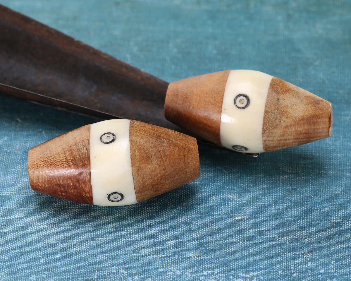 African Batiked Bone & Ebony Wood w/ Carved Circles Rice Bead 30-37x18-23mm