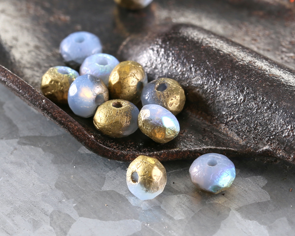 Czech Glass Matte Textured Powder Blue AB w/ Gold Fire Polished Rondelle 3x5mm