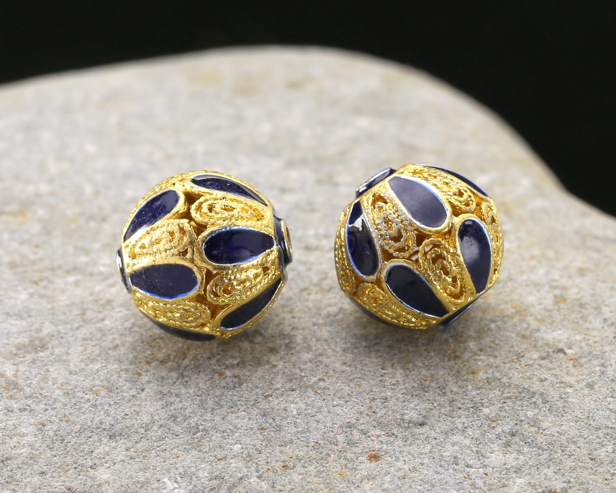 Cloisonné Navy Blue w/ Gold Finish Filigree Scrolling Petals Round Bead 12mm