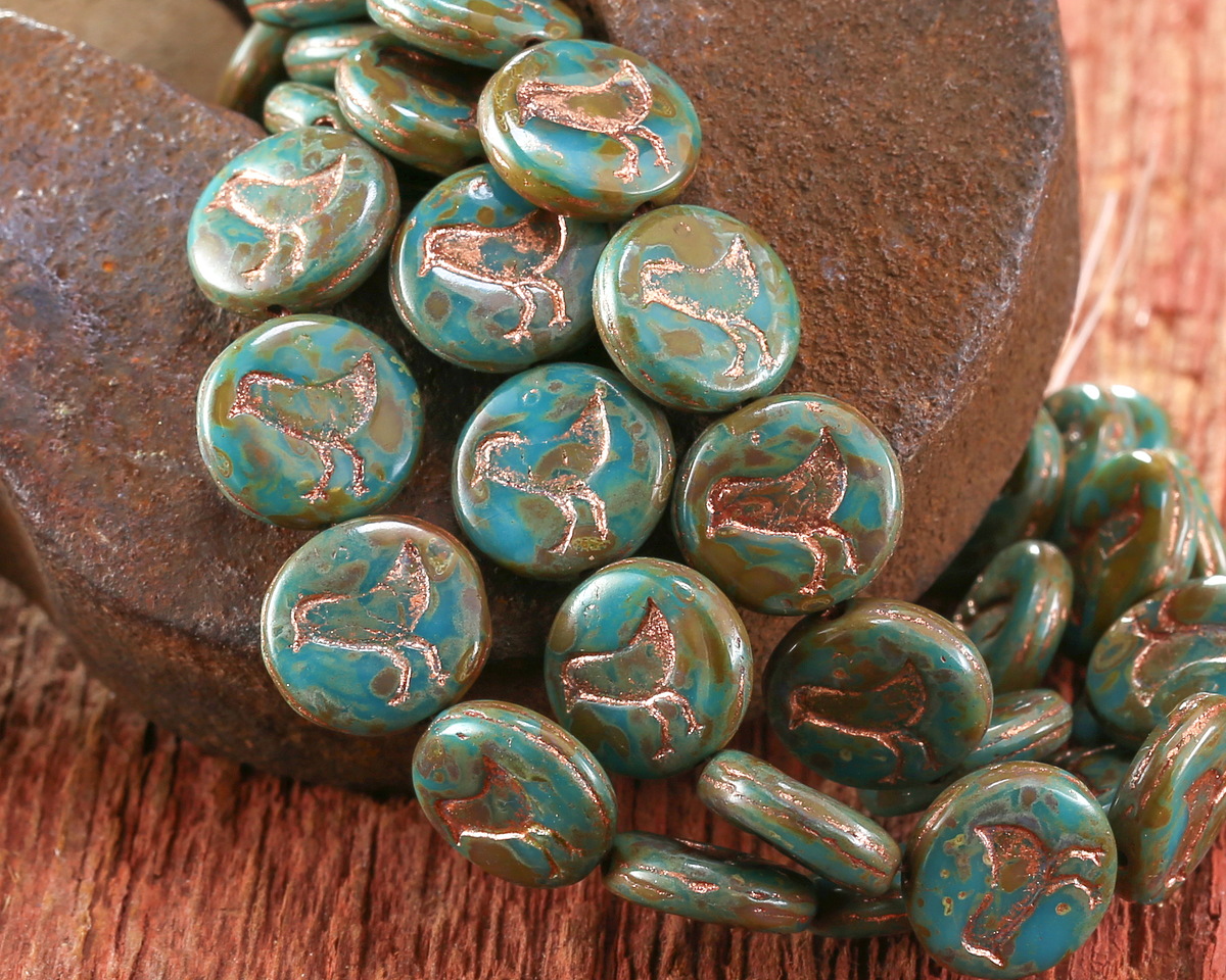 Czech Glass Turquoise Picasso w/ Copper Bird Coin 12mm