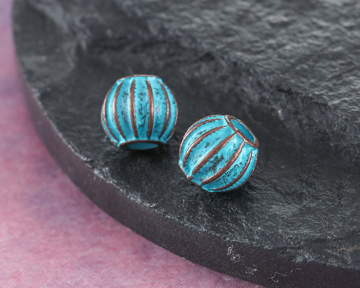 Patina Blue Copper (plated) Fluted (large hole) Round 8x9mm