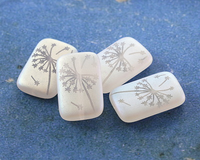 Czech Glass Laser Etched Dandelion on Matte Crystal AB Rectangle 19x12mm