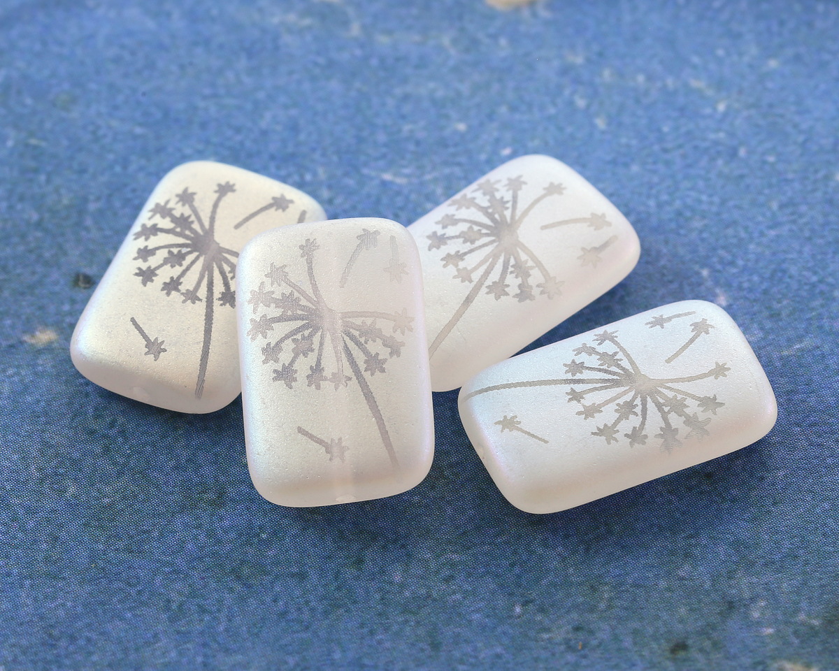 Czech Glass Laser Etched Dandelion on Matte Crystal AB Rectangle 19x12mm