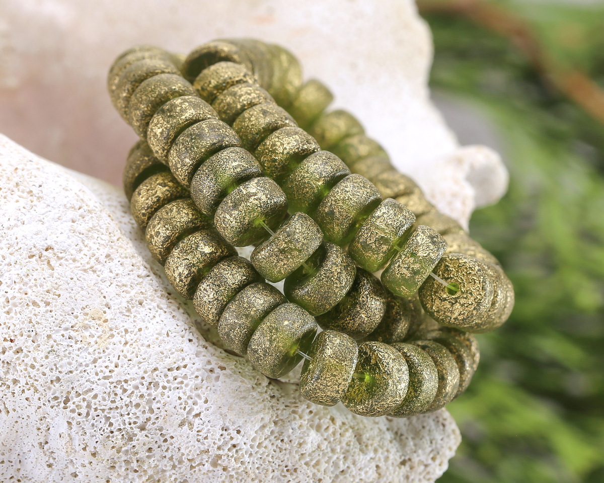 Czech Glass Textured Peridot w/ Gold Wash Heishi 4x8mm