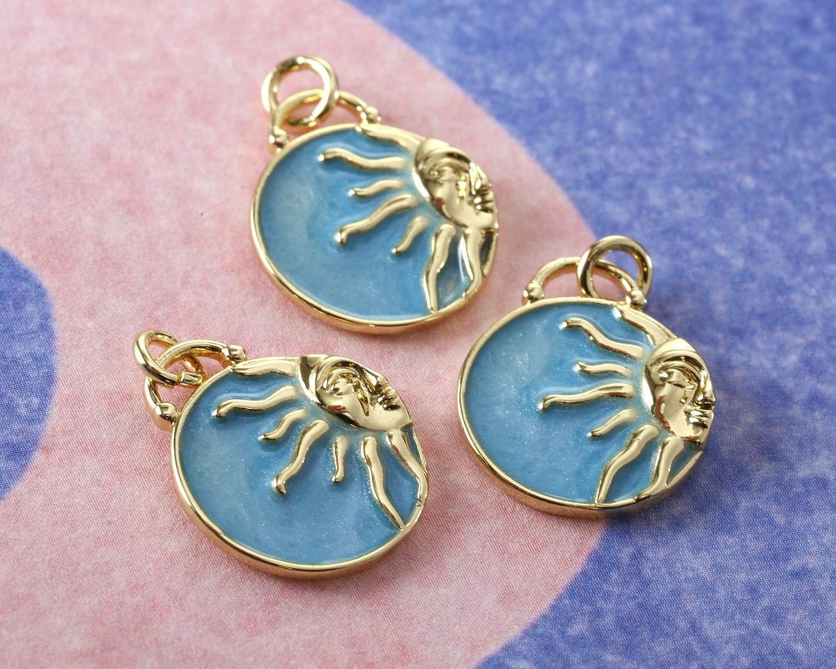 Lake Blue Marbled Enamel w/ Gold Finish Sunrays Charm Pendant 15x18.5mm