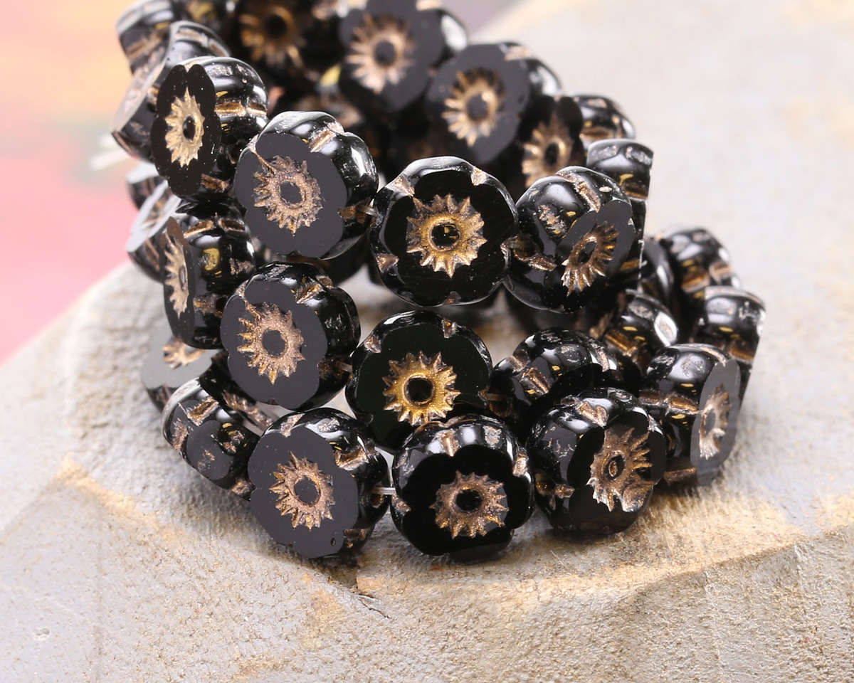 Czech Glass Jet w/ Gold Hibiscus 7mm