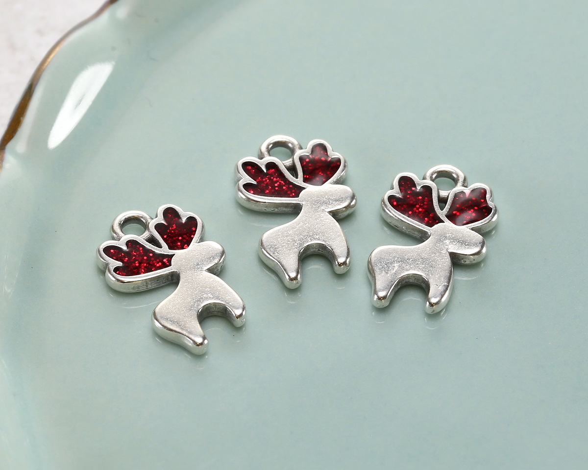 Antique Silver (plated) Cherry Red Enamel w/ Glitter Reindeer Pendant 10x16mm