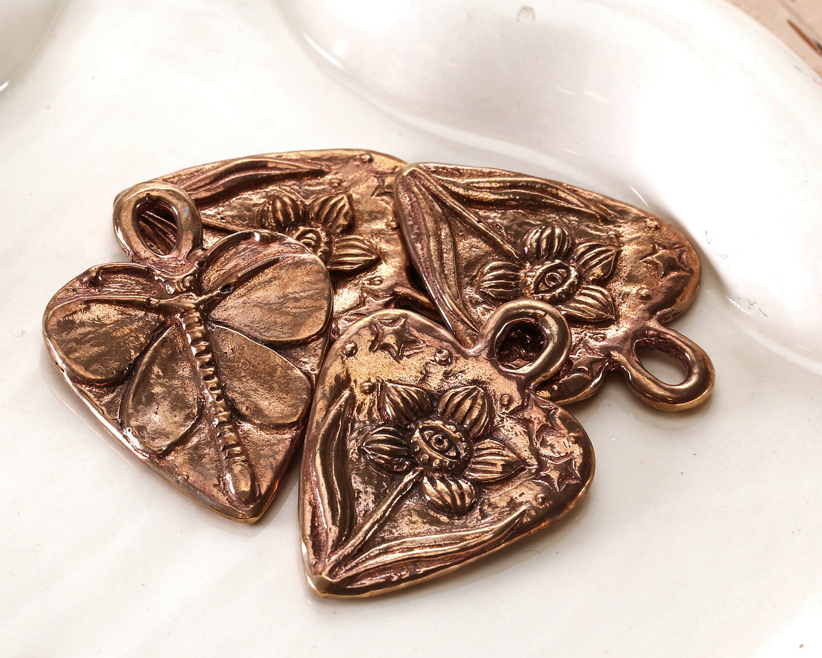 Green Girl Bronze DragonMoth Flower Heart Pendant 31x43mm