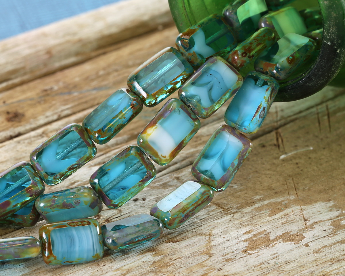Czech Glass Capri Blue Waters Picasso Rectangle 12x8mm