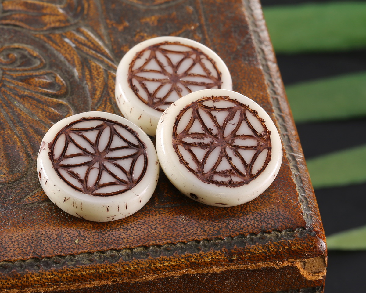 Czech Glass White w/ Brown Wash Flower of Life Geometry Coin 19mm