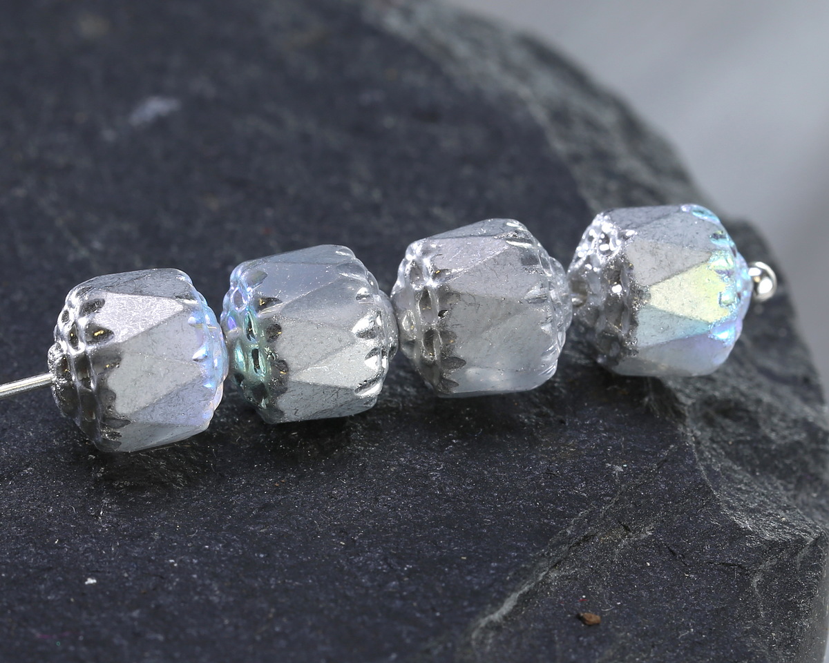 Czech Glass Matte Crystal AB w/ Silver Lantern 8mm