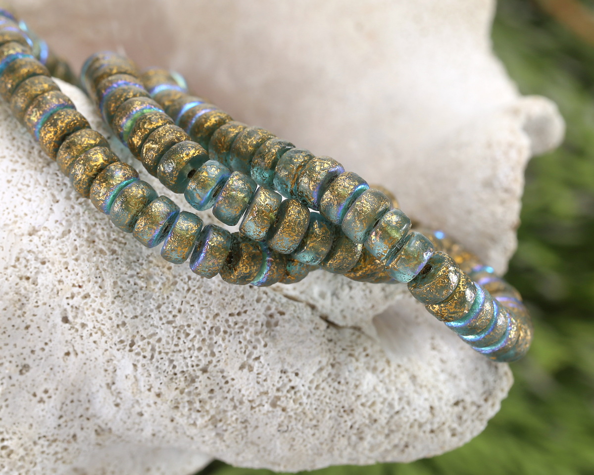 Czech Glass Textured Aquamarine AB w/ Gold Wash Heishi 3x6mm