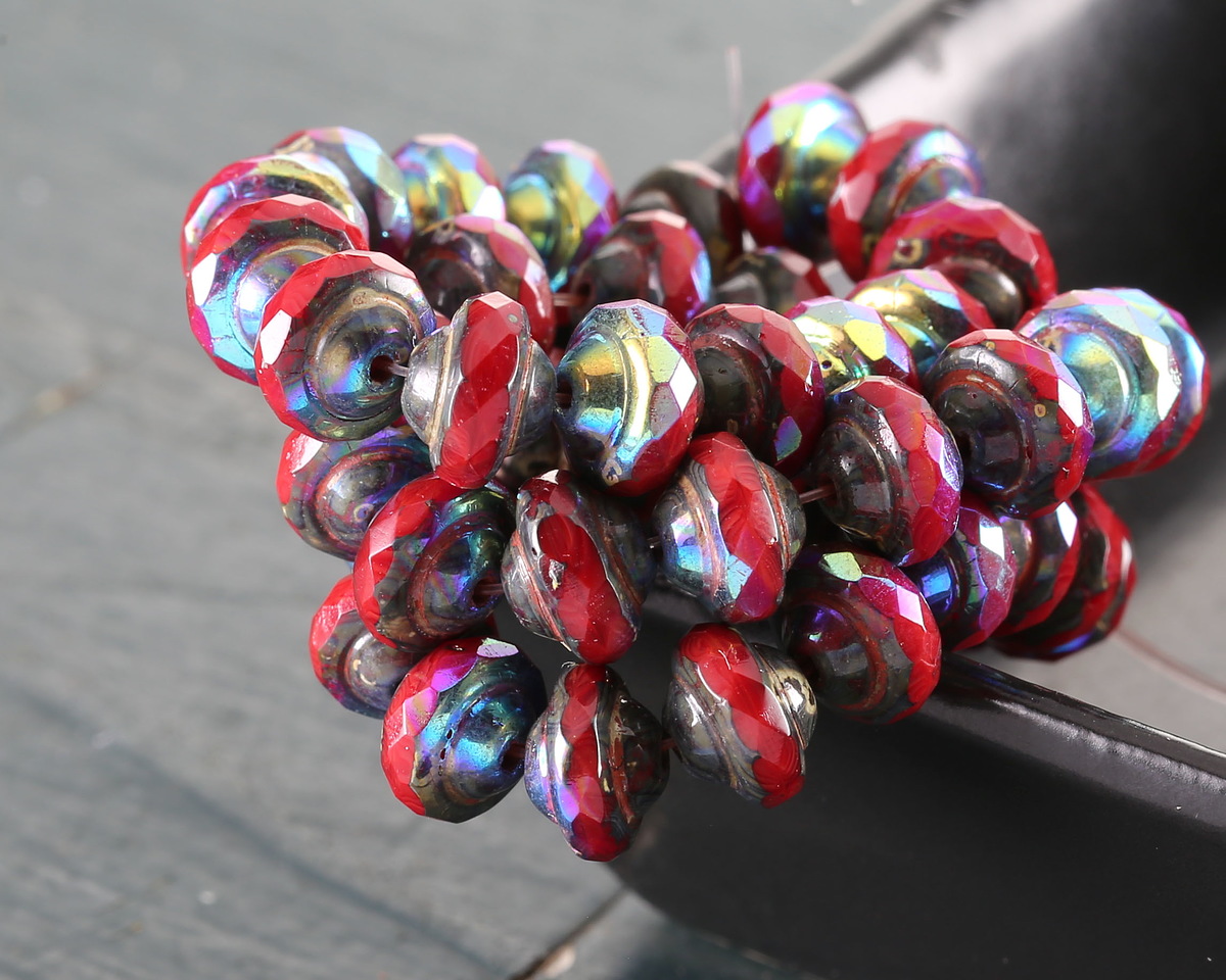Czech Glass Ruby Red Picasso AB UFO 6x8mm
