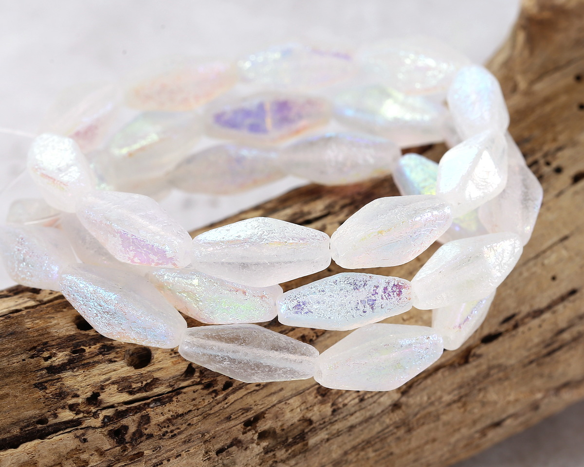 Czech Glass Textured Crystal AB Rhombus 14x7mm