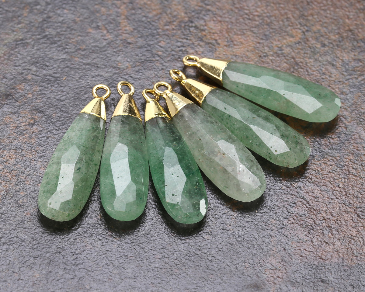 Green Strawberry Quartz Faceted Puff Teardrop Focal w/ Gold Finish 9x28mm
