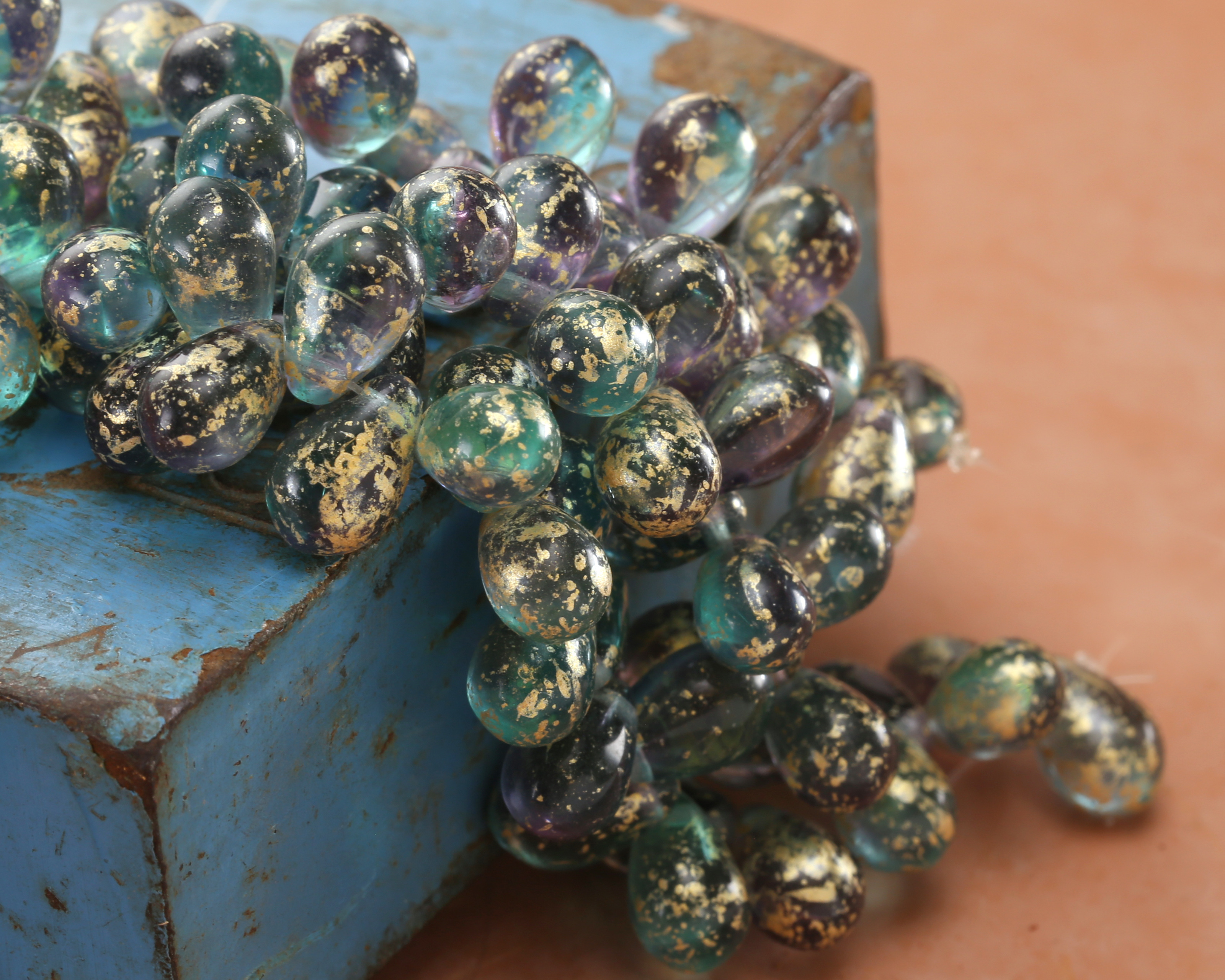 Czech Glass Lost Treasure w/ Gold Flecks Teardrop 6x9mm