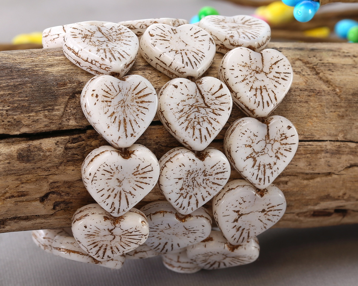 Czech Glass Matte White w/ Brown Wash Starburst Heart 14mm