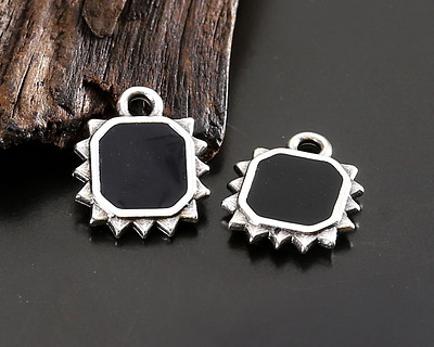 Antique Silver (plated) Jet Enamel Square Sun Focal 10.5x12.5mm