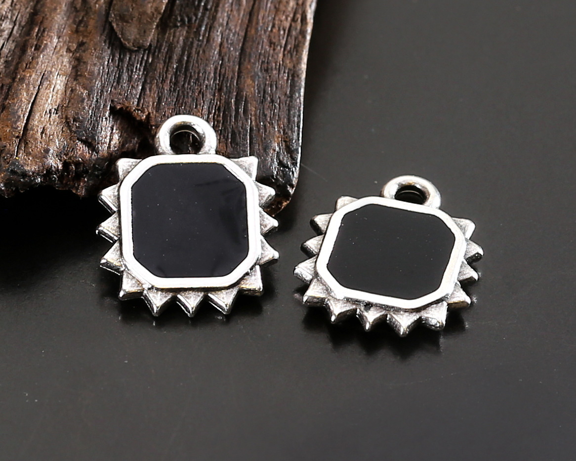 Antique Silver (plated) Jet Enamel Square Sun Focal 10.5x12.5mm