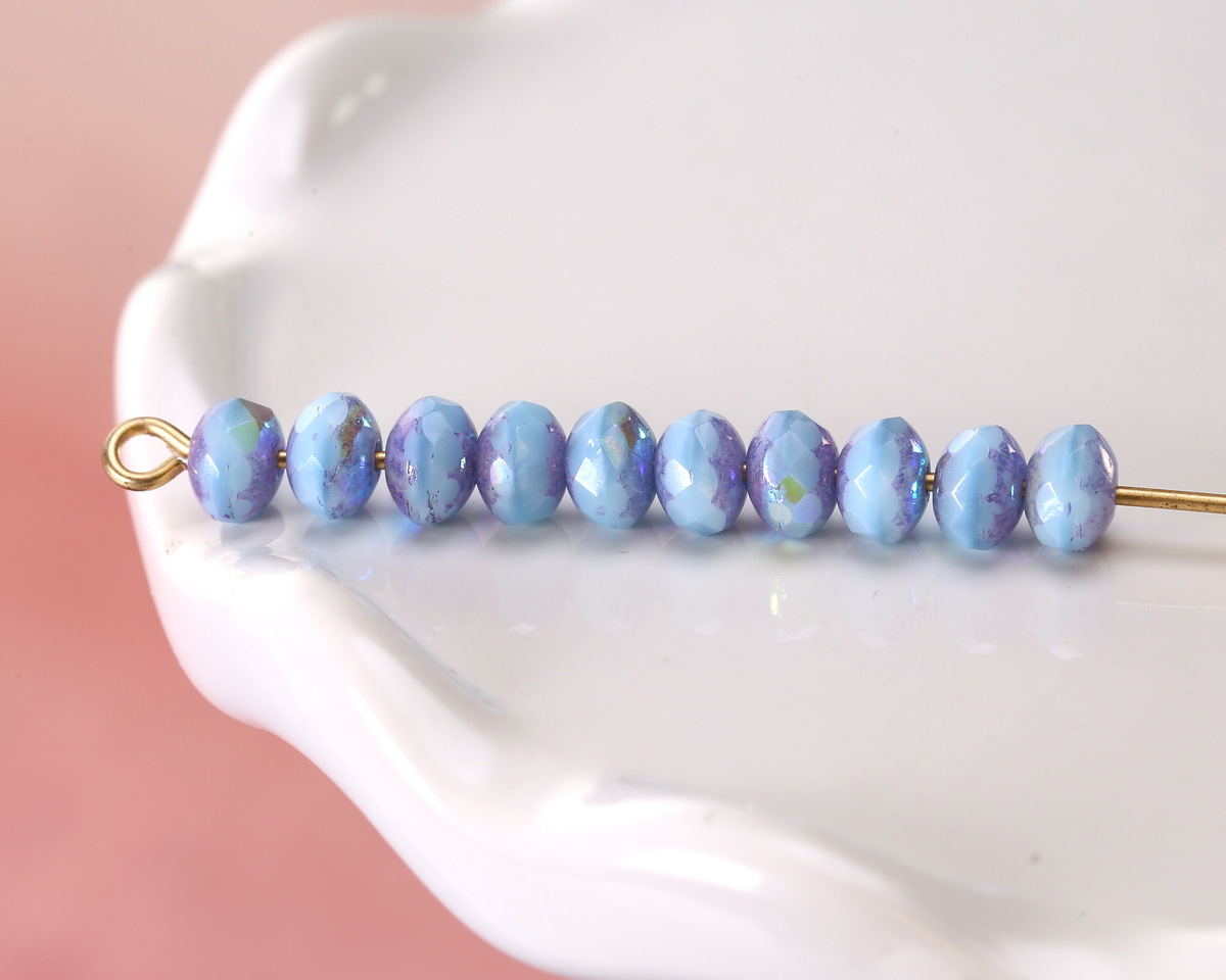 Czech Glass Sky Blue AB w/ Purple Wash Fire Polished Rondelle 3x5mm
