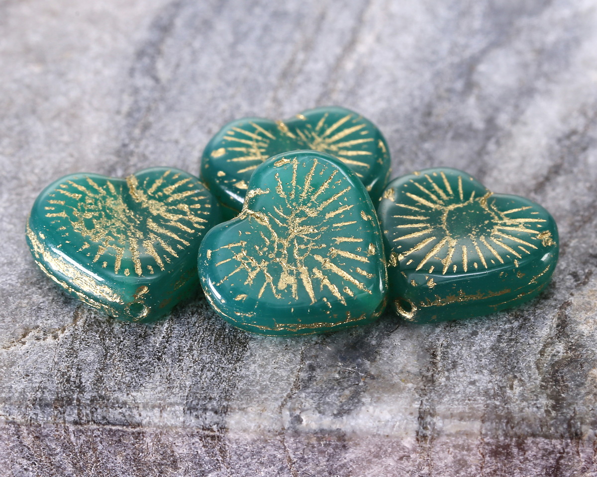 Czech Glass Emerald Opal w/ Gold Starburst Heart 13x14mm