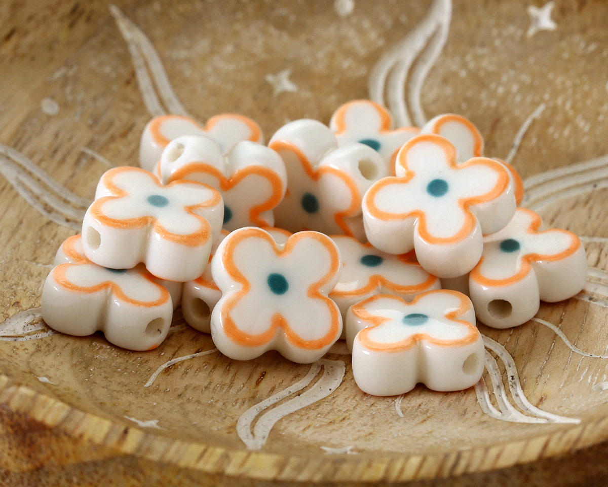 Orange Rimmed w/ Pacific Blue Dot Porcelain Flower 15mm