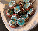 Nepalese White Brass & Brass "Om" Coin Bead w/ Turquoise & Coral 16mm