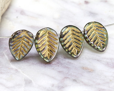 Czech Glass Aquamarine Picasso w/ Gold Wash Carved Leaf Drop 12x17mm