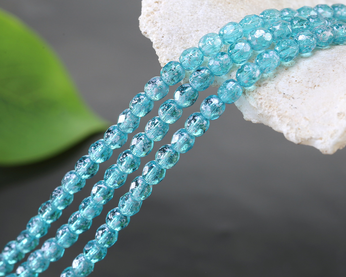 Czech Glass Aquamarine w/ Silver Flecks Fire Polished Round 4mm