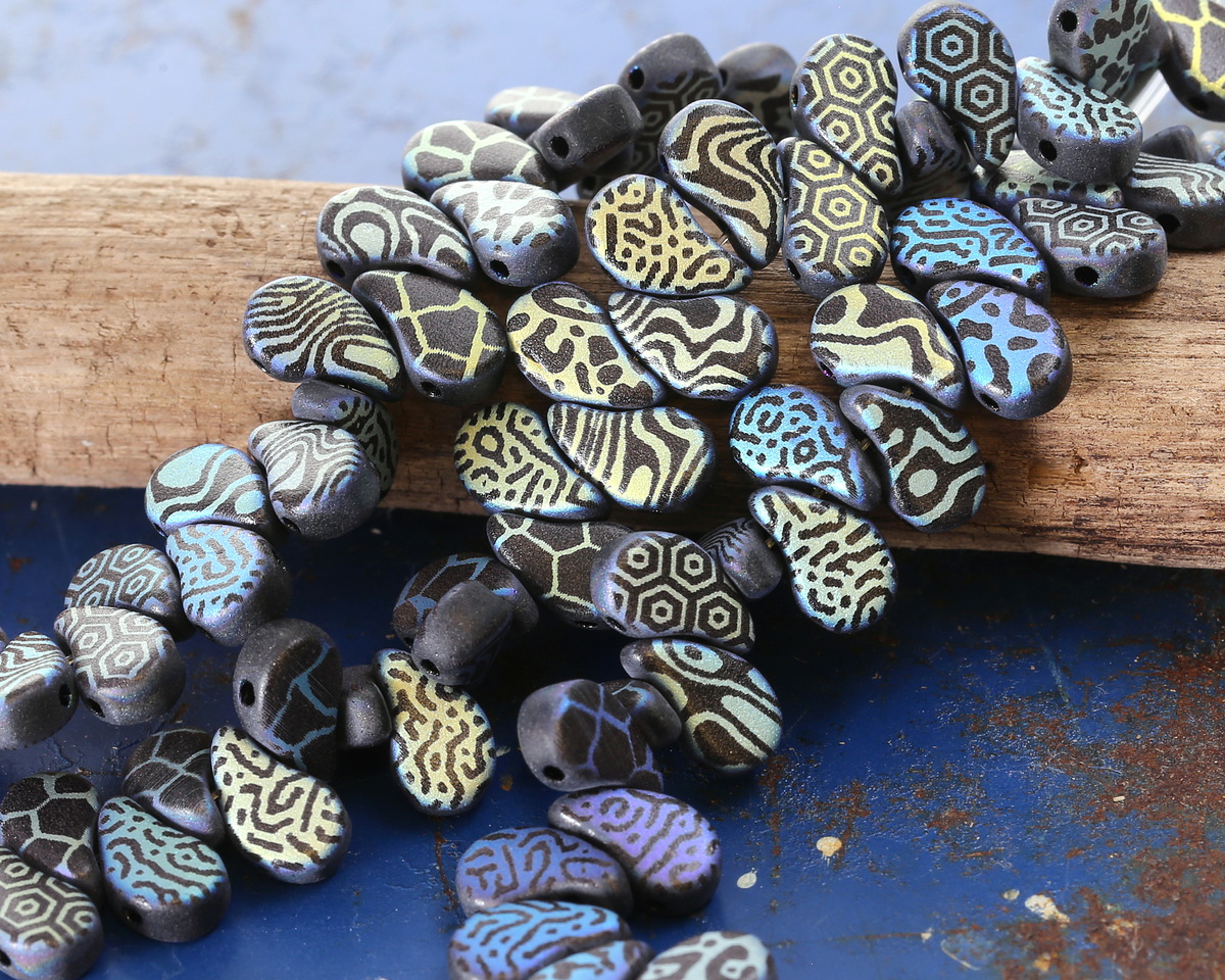 Czech Glass Laser Etched Mixed Designs on Matte Jet AB 2-Hole Paisley Duo 8x5mm