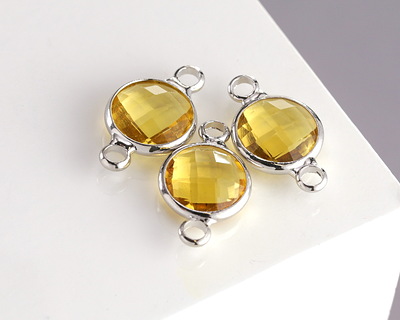 Yellow Crystal Round Link in Silver Finish Bezel 14.5x8.5mm