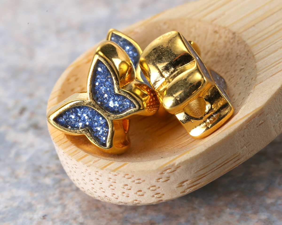 24K Gold (plated) Navy Blue Glitter Enamel Butterfly Bead 7x9mm