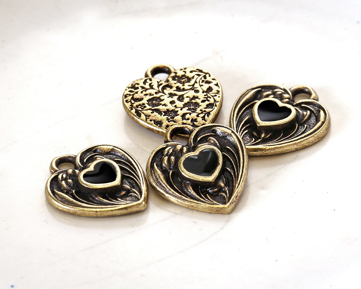 TierraCast Antique Brass (plated) Jet Enamel Heart in Heart Shaped Focal 12.5x14mm