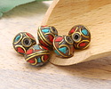 Nepalese Brass w/ Turquoise & Coral Mosaic w/ Half Circles Saucer Bead 8.5x11mm