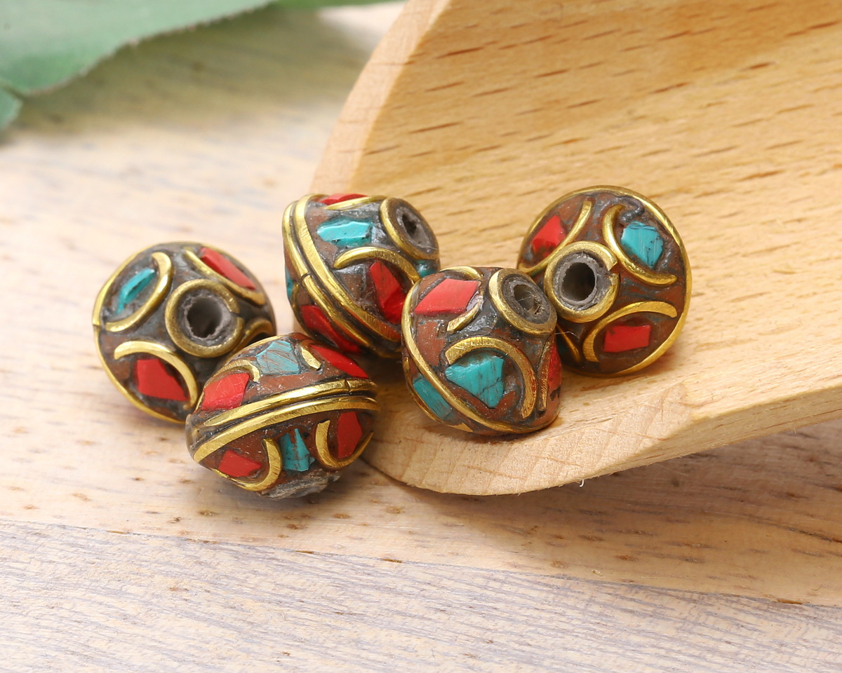 Nepalese Brass w/ Turquoise & Coral Mosaic w/ Half Circles Saucer Bead 8.5x11mm