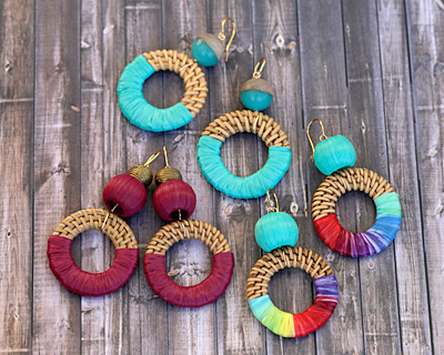 Rainbow Raffia Wrapped Natural Rattan-Style Woven Ring Focal 39-42mm