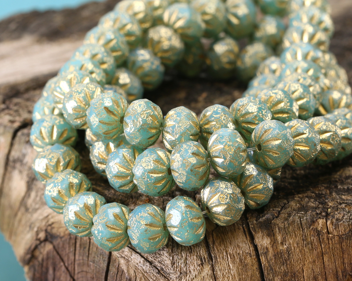 Czech Glass Textured Turquoise w/ Gold Cruller 7x10mm