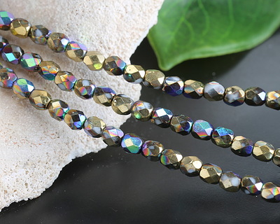 Czech Glass White AB w/ Gold Fire Polished Round 4mm