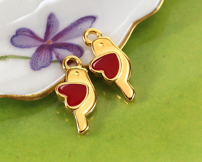24K Gold (plated) Red Enamel Love Bird Focal 12x13.5mm