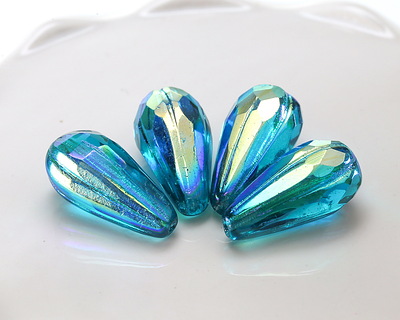 Czech Glass Teal AB Faceted Melon Teardrop 23x11mm