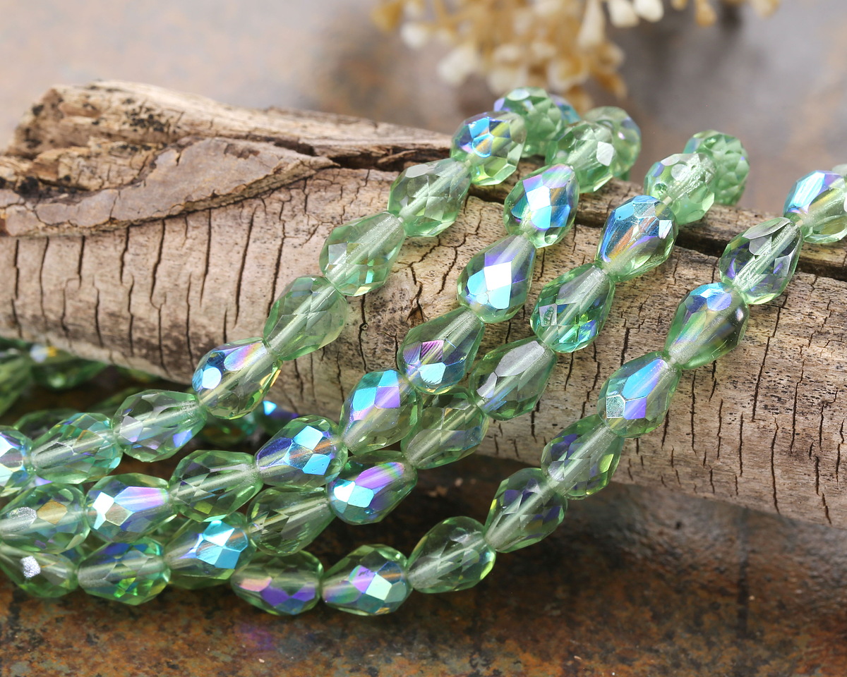 Czech Glass Peridot AB Faceted Teardrop 9x7mm