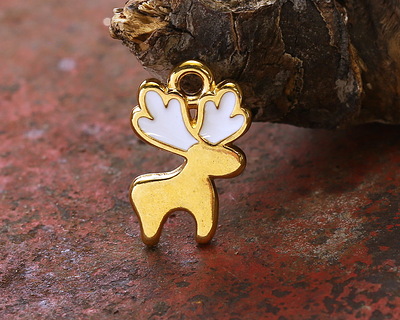 24K Gold (plated) White Enamel Reindeer Pendant 10x16mm