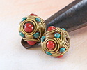 Nepalese Brass w/ Turquoise & Coral 4-Sided Rondelle 17x22mm