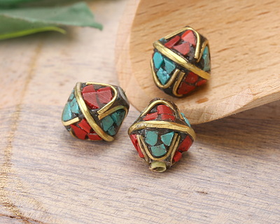 Nepalese Brass w/ Coral & Turquoise Mosaic Bicone Bead 6-7x7mm