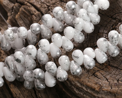 Czech Glass White w/ Silver Flecks Teardrop 4x6mm