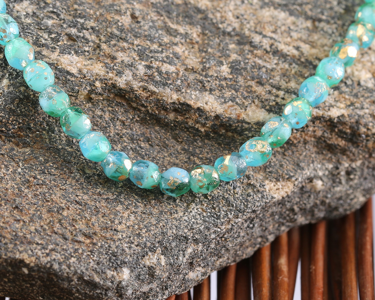 Czech Glass Textured Sea & Sky w/ Gold Fire Polished Round 4mm