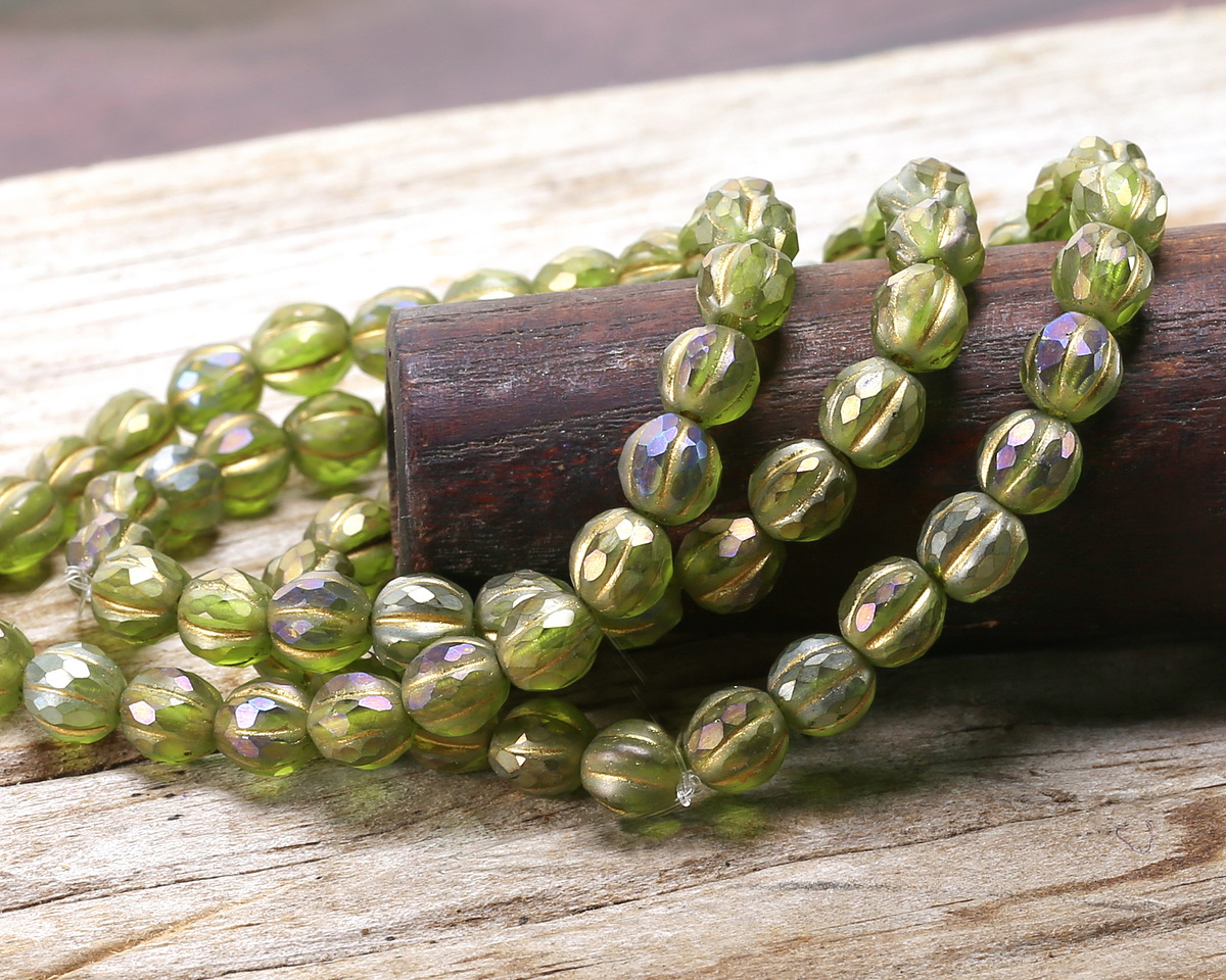 Czech Glass Matte Peridot w/ Golden AB & Gold Faceted Melon Round 6mm